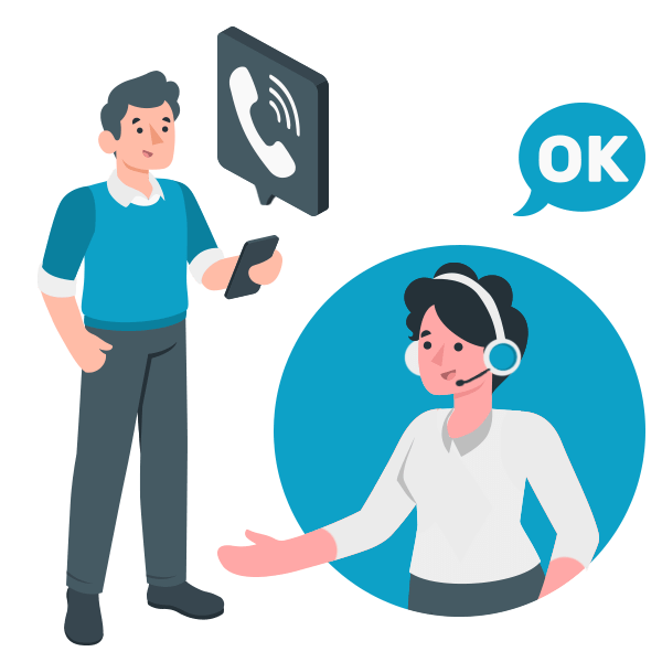 man holding a mobile device while talking to a call center agent with headset