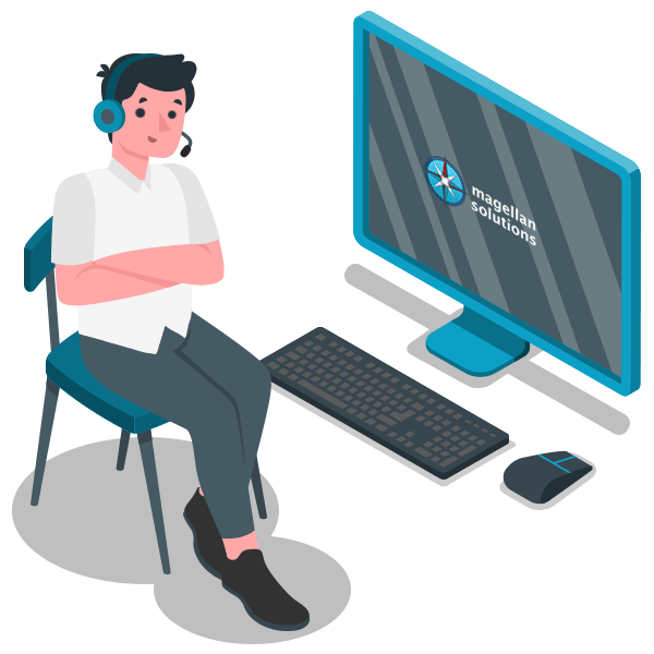 call center agent with headset sitting in front of computer with Magellan solutions logo