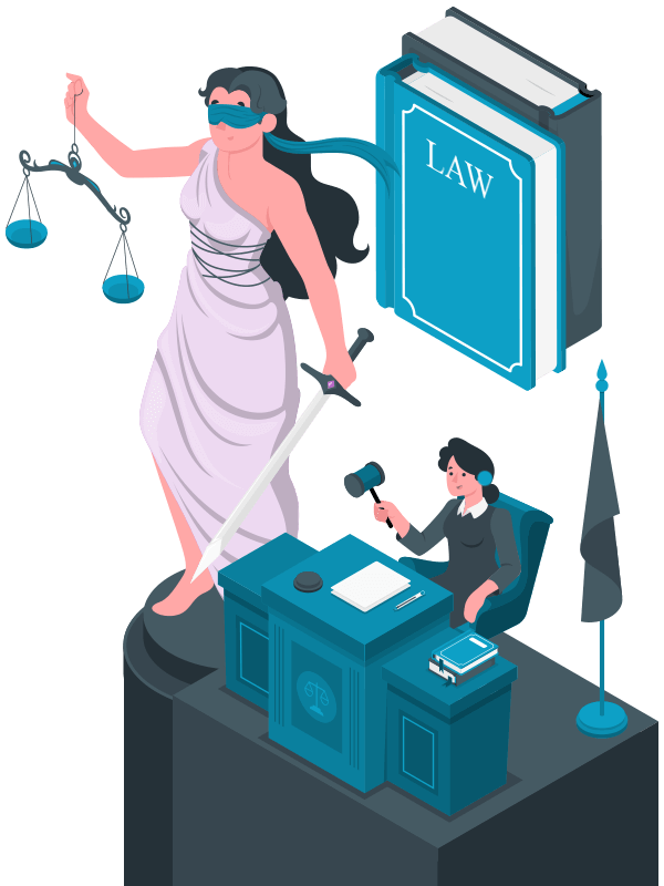 lady justice beside a woman holding a gavel for legal outsourcing