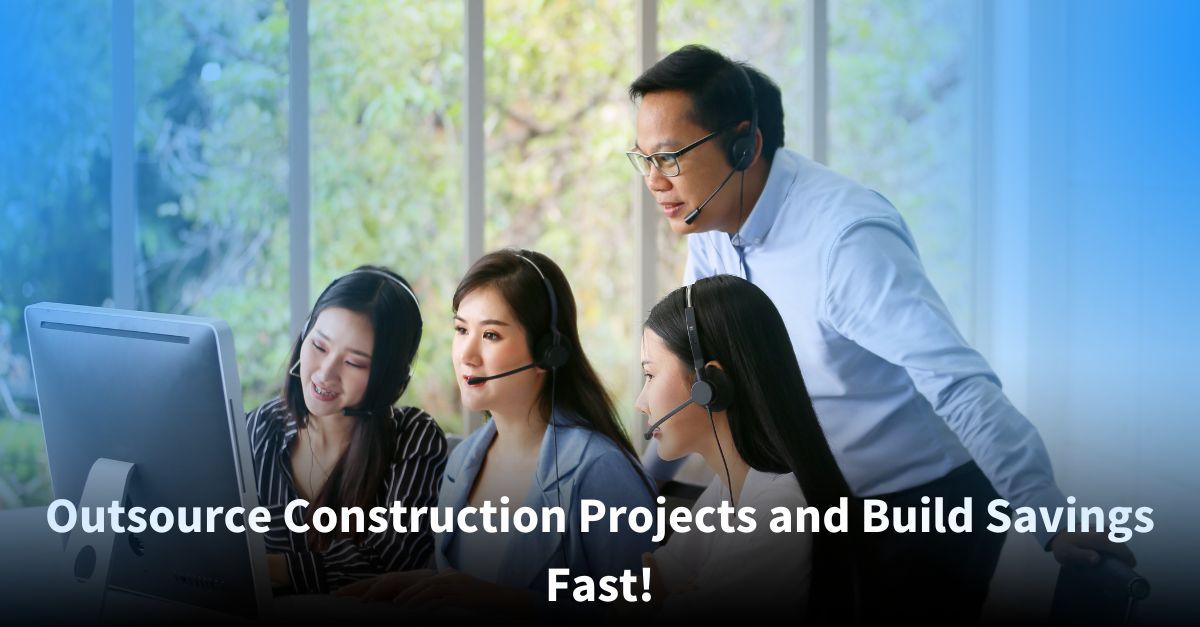 Team of professionals in a collaborative setting, emphasizing the cost-saving benefits of outsourcing construction projects.