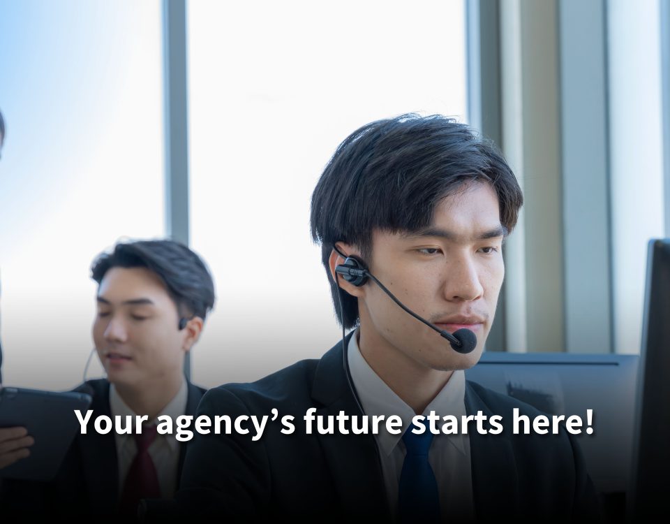 Three call center agents in a modern office setting, with a focused male agent wearing a headset at the forefront. Text reads: 'Your agency’s future starts here!