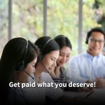 Four smiling call center agents with headsets in a professional office, collaborating at their computers. Text reads: 'Get paid what you deserve!