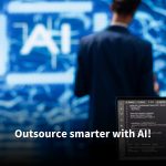 An AI-themed presentation on a screen in a tech-forward office, with silhouettes of two professionals in the background. Text reads: 'Outsource smarter with AI!