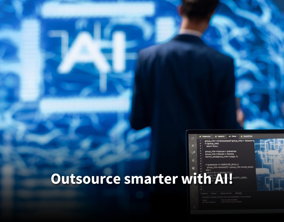 An AI-themed presentation on a screen in a tech-forward office, with silhouettes of two professionals in the background. Text reads: 'Outsource smarter with AI!