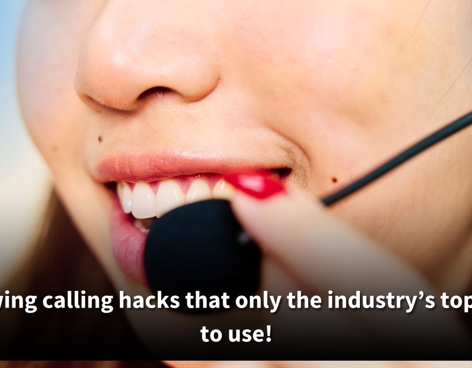 A close-up of a smiling woman with bright red nails adjusting her call center headset, with the caption: "Mind-blowing calling hacks that only the industry’s top pros dare to use!