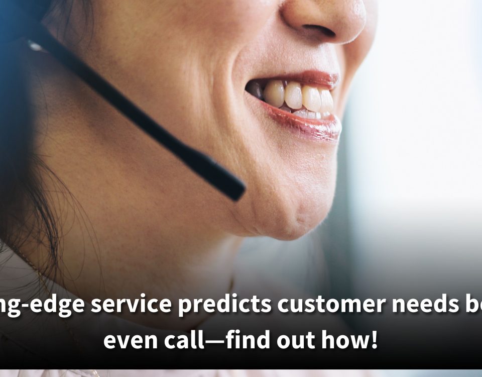 A close-up of a woman wearing a headset, smiling confidently, with the caption: "This cutting-edge service predicts customer needs before they even call—find out how email monitoring service helps!