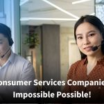 A female call center agent wearing a headset looks directly at the camera with a confident smile, while a male colleague behind her focuses on his work in a modern office setting decorated with sticky notes. Text reads, “See How Consumer Services Companies Make the Impossible Possible!