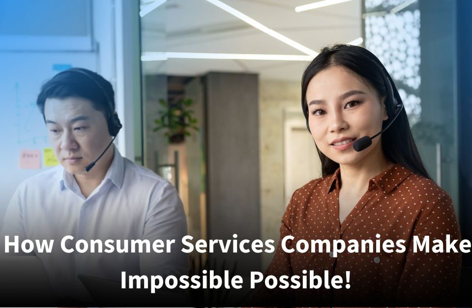 A female call center agent wearing a headset looks directly at the camera with a confident smile, while a male colleague behind her focuses on his work in a modern office setting decorated with sticky notes. Text reads, “See How Consumer Services Companies Make the Impossible Possible!