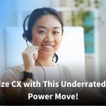 A smiling female call center agent wearing a headset sits at her workstation, with another blurred colleague in the background. A text overlay reads, “Revolutionize CX with This Underrated Call Center Power Move!