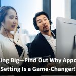 pair of headset-wearing call center agents sitting at adjacent computer stations. The female agent appears focused, while the male agent beside her looks wide-eyed and surprised at their shared screen. The image includes text that reads, “Stop Losing Big—Find Out Why Appointment Setting Is a Game-Changer!