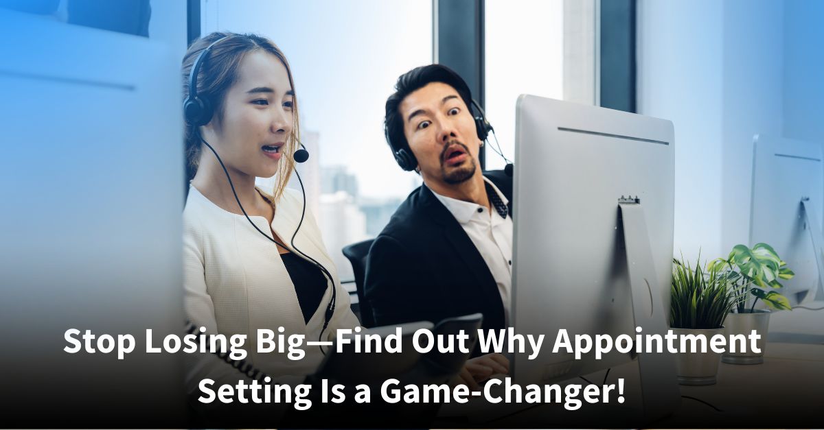 pair of headset-wearing call center agents sitting at adjacent computer stations. The female agent appears focused, while the male agent beside her looks wide-eyed and surprised at their shared screen. The image includes text that reads, “Stop Losing Big—Find Out Why Appointment Setting Is a Game-Changer!