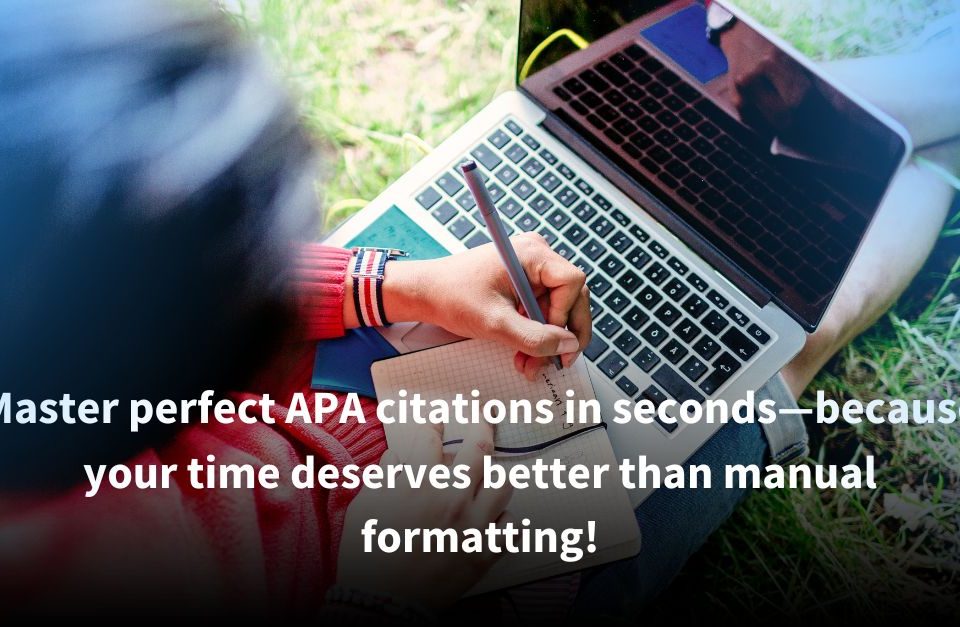 Student taking notes on a notebook while referencing a laptop outdoors, highlighting the ease of using an APA citation generator for efficient citation creation.