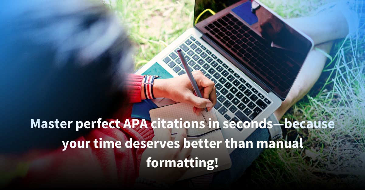 Student taking notes on a notebook while referencing a laptop outdoors, highlighting the ease of using an APA citation generator for efficient citation creation.