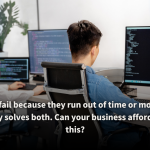 Two developers working at their desks, focused on coding displayed on multiple computer monitors. The scene highlights the critical importance of efficient strategies to save time and money for startup success.