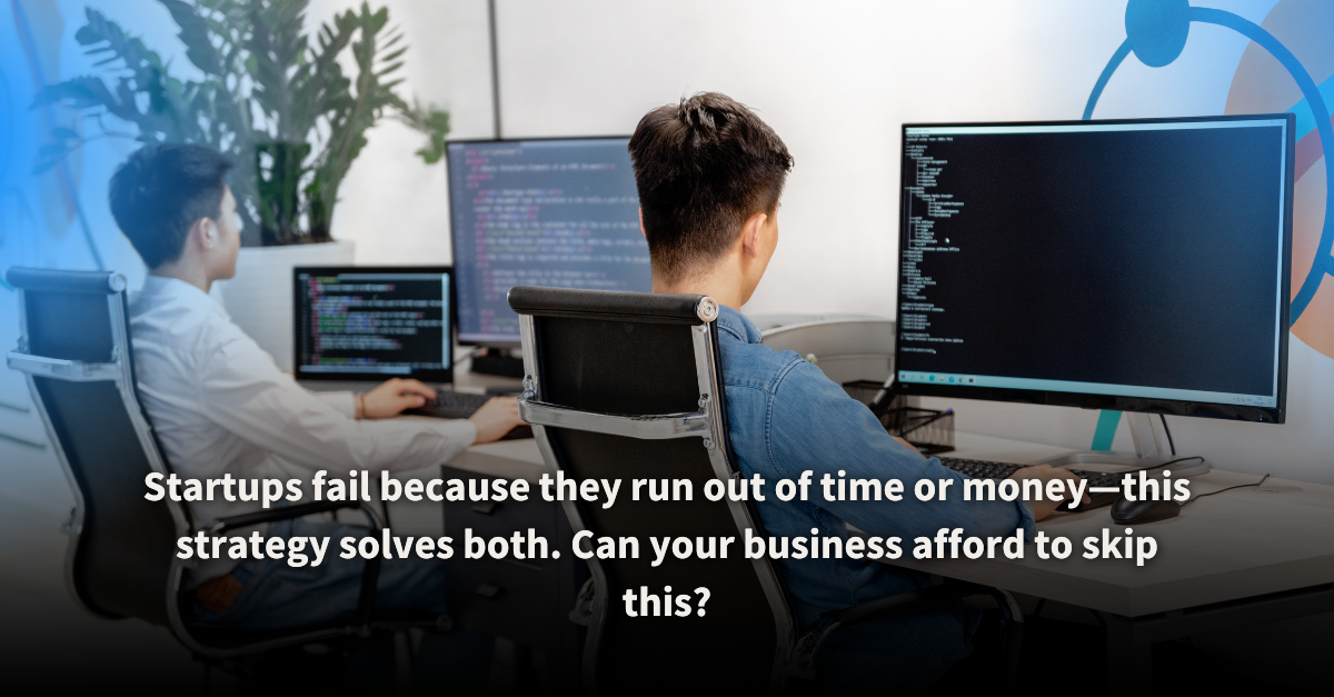 Two developers working at their desks, focused on coding displayed on multiple computer monitors. The scene highlights the critical importance of efficient strategies to save time and money for startup success.