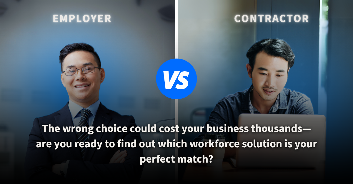 Split-screen image comparing an employer, confidently smiling in formal attire, on the left, with a contractor, focused and working on a laptop, on the right. A bold 'VS' symbol separates the two, accompanied by a text prompt encouraging businesses to evaluate their workforce solution to avoid costly mistakes.