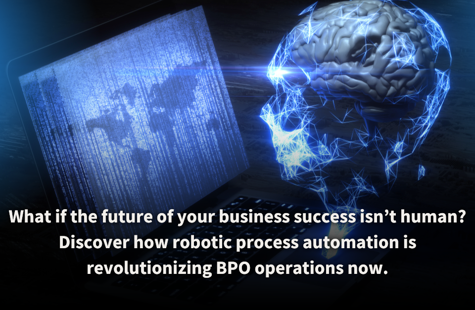 Futuristic image featuring a glowing digital brain and a laptop screen displaying a digital world map. This visual symbolizes the transformative power of robotic process automation in revolutionizing BPO operations.