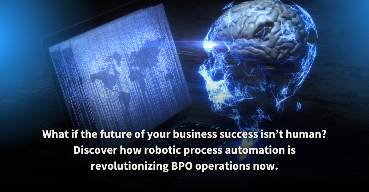 Futuristic image featuring a glowing digital brain and a laptop screen displaying a digital world map. This visual symbolizes the transformative power of robotic process automation in revolutionizing BPO operations.