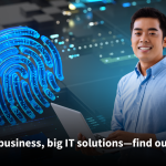 A confident professional holding a laptop, standing in front of a digital background with a glowing blue fingerprint icon, symbolizing IT solutions. Text overlay reads: 'Small business, big IT solutions—find out how!'