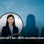 A magnifying glass highlighting a professional woman holding a tablet, set against a background of silhouetted figures and a world map. Text overlay reads: 'Top talent isn’t far—BPO recruiters know how!'