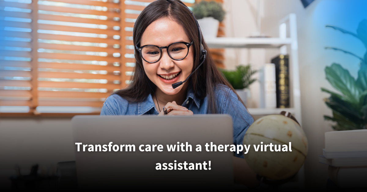 A smiling woman wearing a headset and glasses, engaging in an online conversation on her laptop in a cozy home office setting. Text overlay reads: 'Transform care with a therapy virtual assistant!'